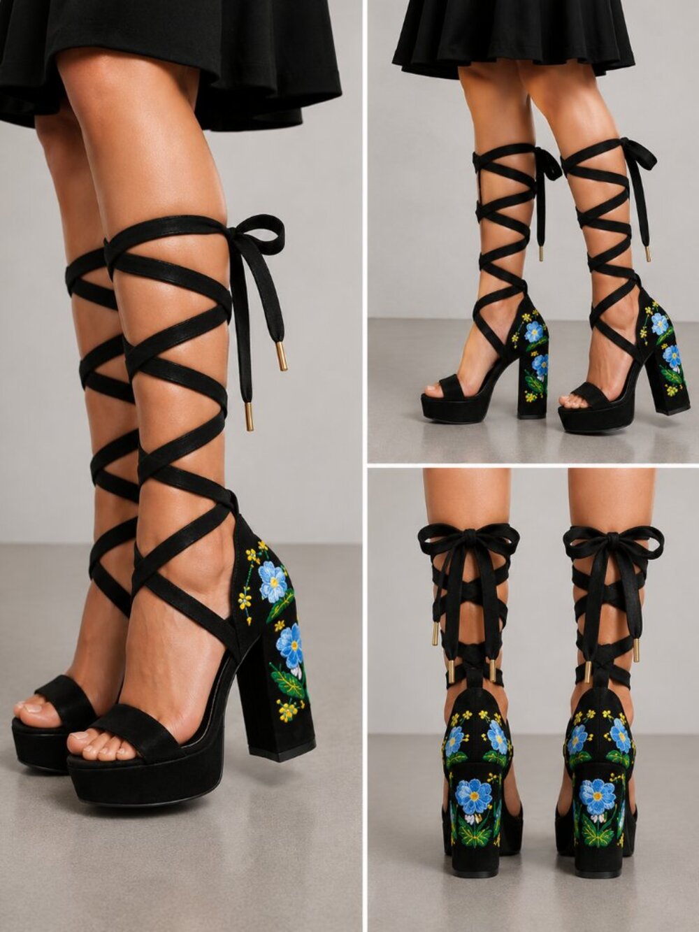 Akira Olivia Embroidered Lace-Up Platform Heels Size 37 - US 7